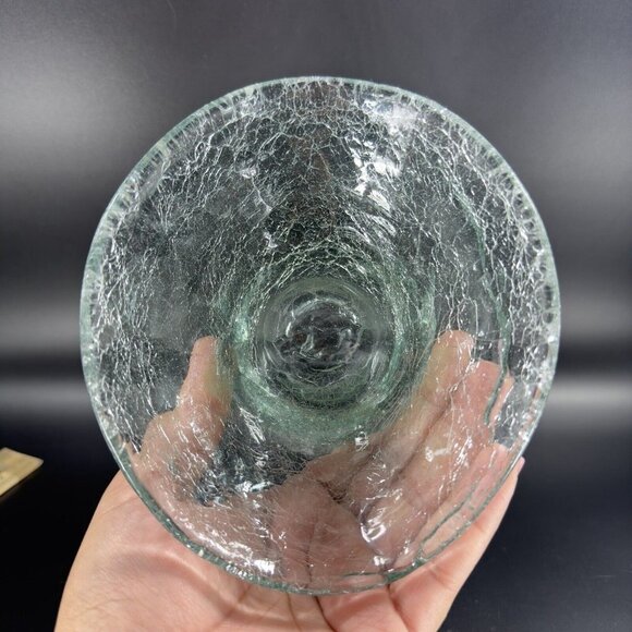 Hand Blown Clear Crackled Glass Folded Dish Bowl Hand Made Glass Decor Vintage - Picture 6 of 16